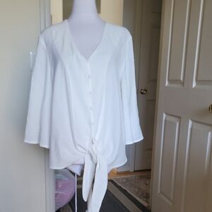 Unk White V-Neck Button-Front Tie Blouse